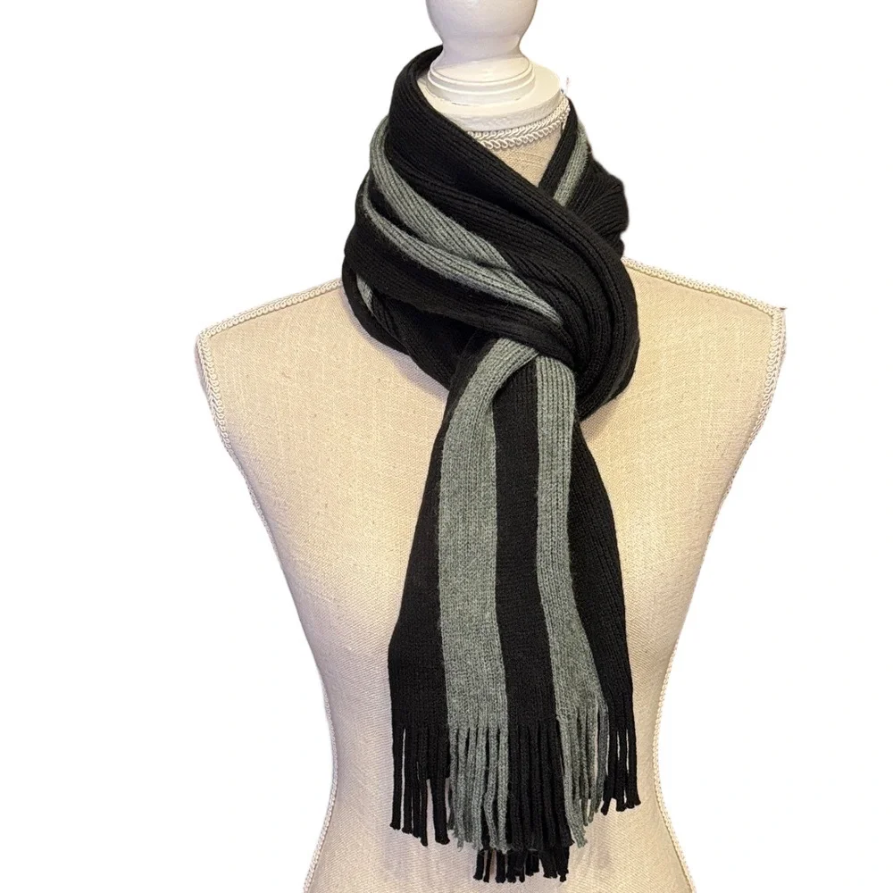 Black and Gray Contemporary Striped Men's Scarf with Fringe